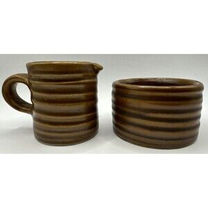 Vintage Hall Ringware Pottery Sugar & Creamer Set Brown Coffee Tea Marked USA